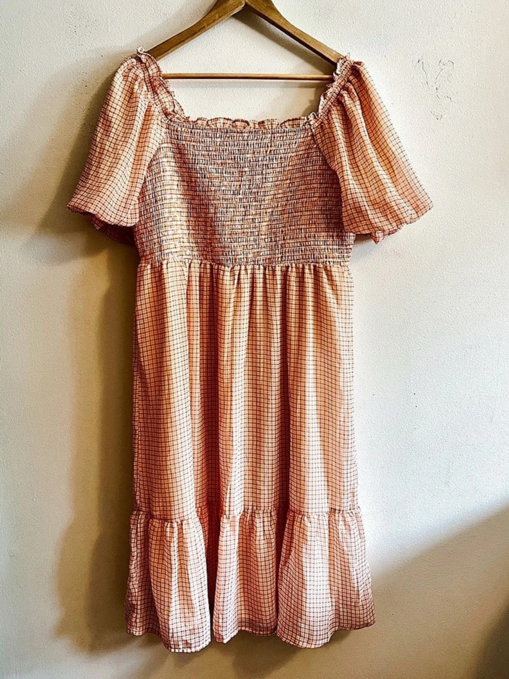 LC Lauren Conrad Orange Gingham Puff-Sleeve Smocked Midi Dress